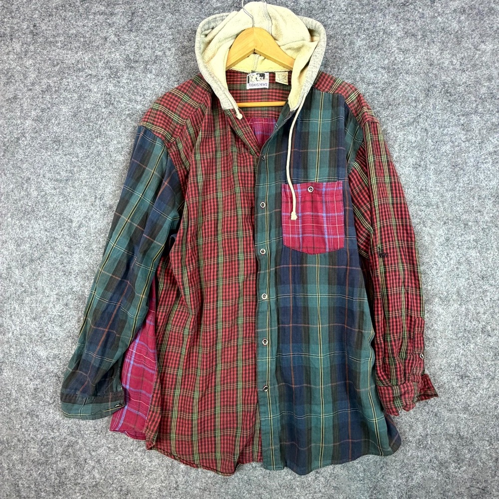 Vintage Todays News Flannel Shirt Jacket Mens L‎ Patchwork Hooded Grunge 90s